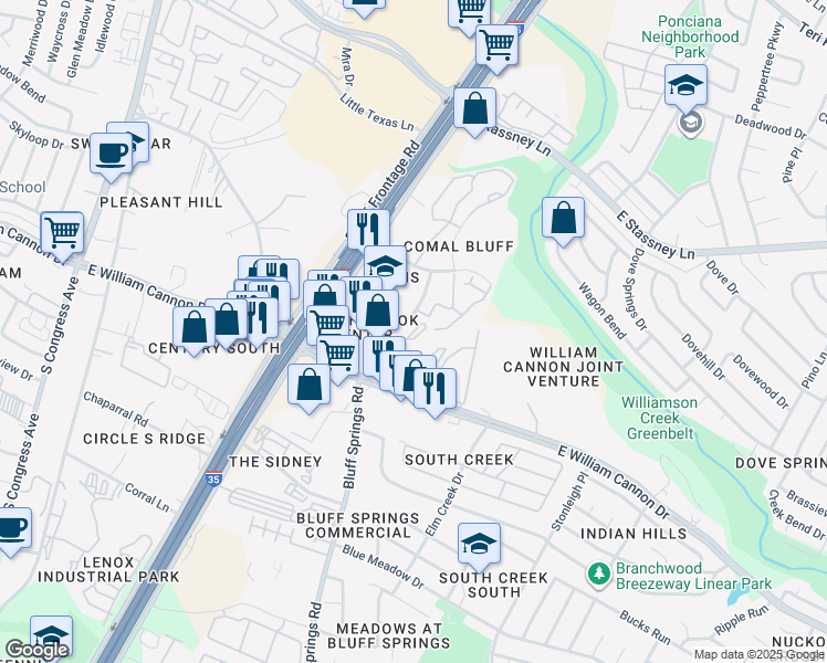 map of restaurants, bars, coffee shops, grocery stores, and more near 6503 Bluff Springs Road in Austin