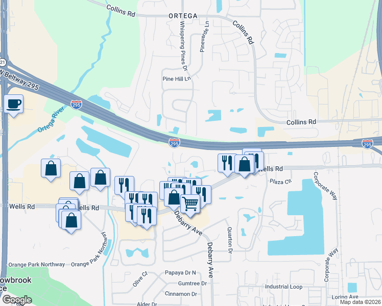 map of restaurants, bars, coffee shops, grocery stores, and more near 2068 Tanager Drive in Orange Park