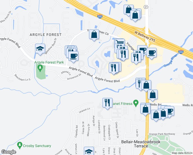 map of restaurants, bars, coffee shops, grocery stores, and more near 6551 Argyle Forest Boulevard in Jacksonville