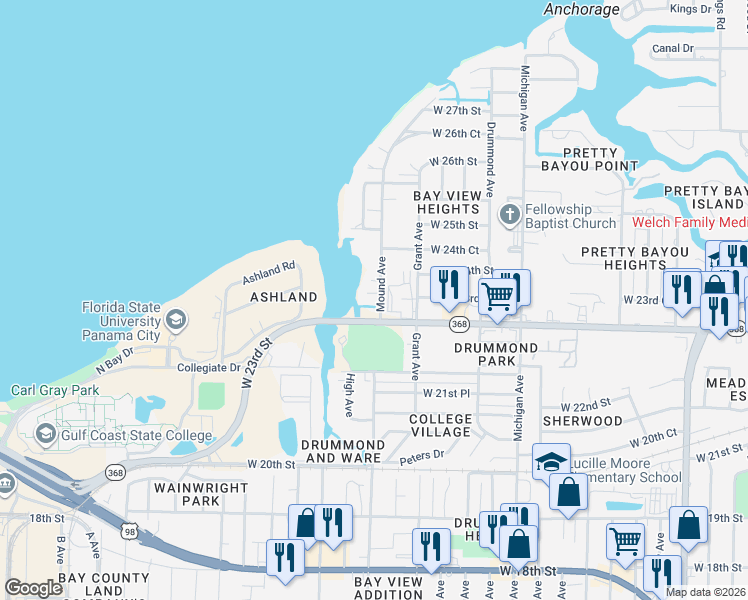 map of restaurants, bars, coffee shops, grocery stores, and more near 2303 Mound Avenue in Panama City