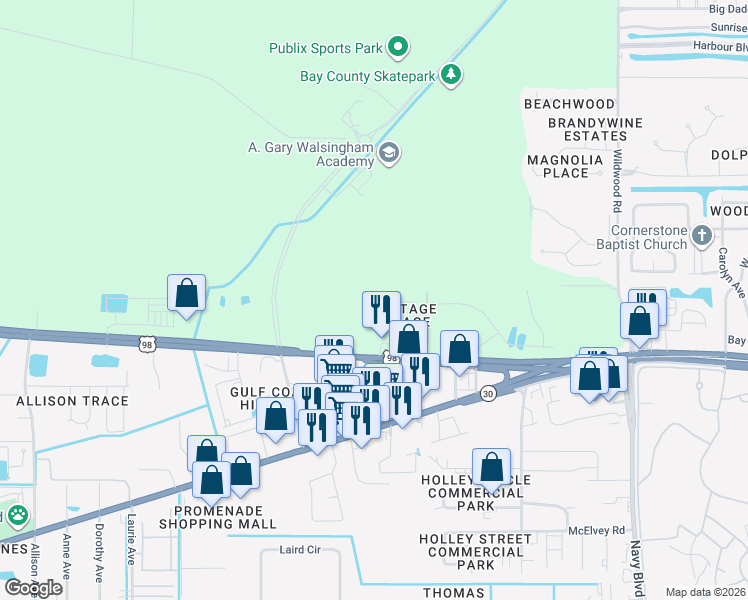 map of restaurants, bars, coffee shops, grocery stores, and more near 134 Heritage Circle in Panama City Beach