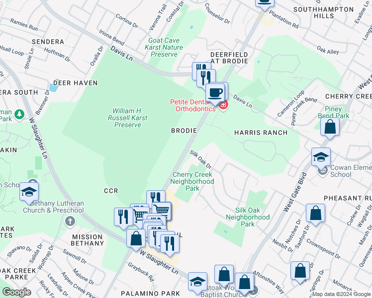 map of restaurants, bars, coffee shops, grocery stores, and more near Brodie Ln & Silk Oak Dr in Austin