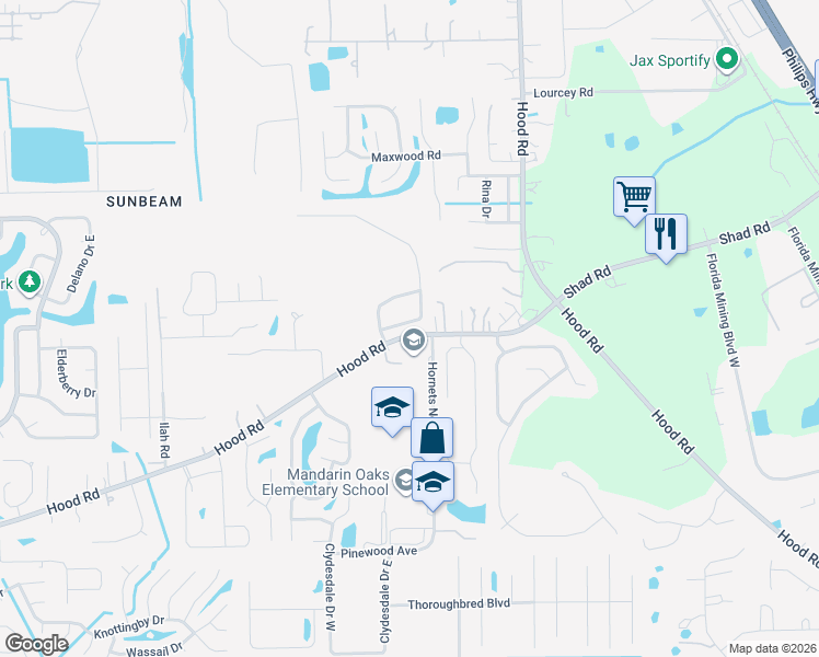 map of restaurants, bars, coffee shops, grocery stores, and more near 5045 Hood Road in Jacksonville