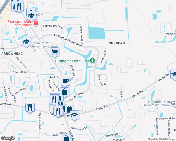 map of restaurants, bars, coffee shops, grocery stores, and more near 10221 Walnut Bend North in Jacksonville