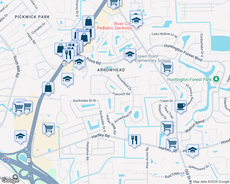 map of restaurants, bars, coffee shops, grocery stores, and more near 10307 Autumn Valley Road in Jacksonville
