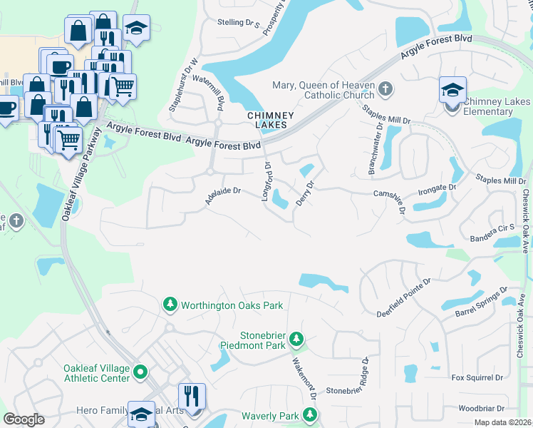 map of restaurants, bars, coffee shops, grocery stores, and more near 9415 Woodleigh Mill Drive in Jacksonville
