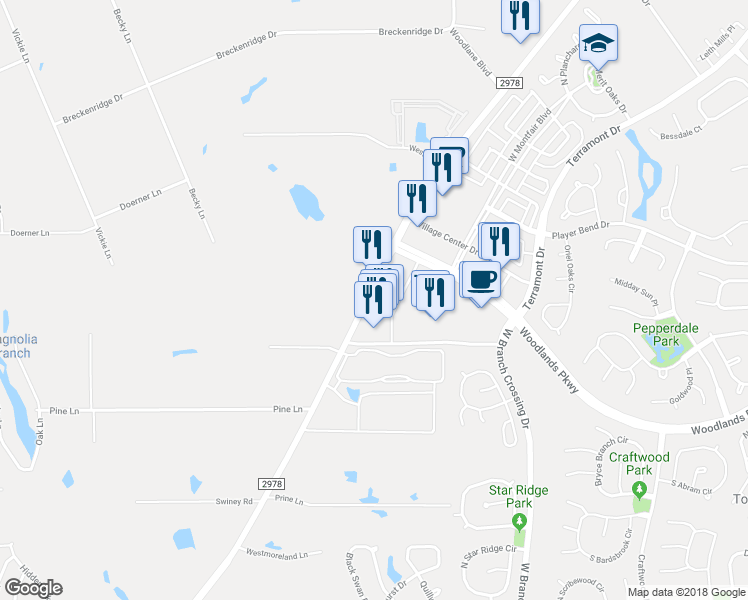 map of restaurants, bars, coffee shops, grocery stores, and more near 30340 Farm to Market Road 2978 in The Woodlands