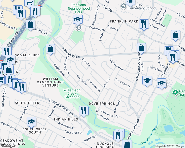 map of restaurants, bars, coffee shops, grocery stores, and more near 2517 Dove Drive in Austin