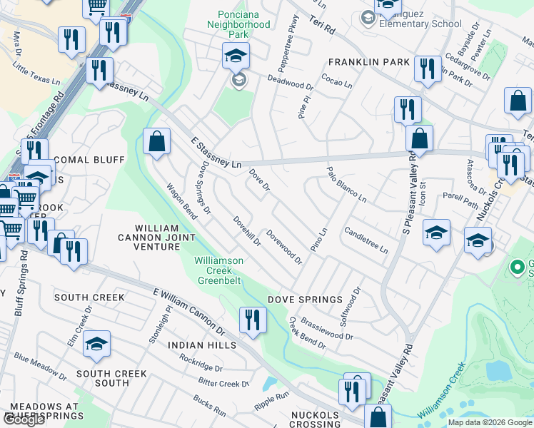 map of restaurants, bars, coffee shops, grocery stores, and more near 2513 Dovemeadow Drive in Austin