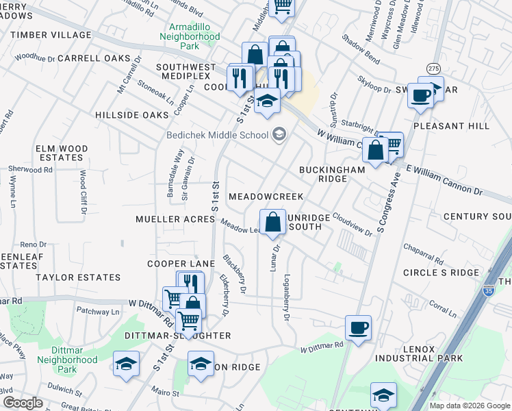 map of restaurants, bars, coffee shops, grocery stores, and more near 7201 Bill Hughes Road in Austin