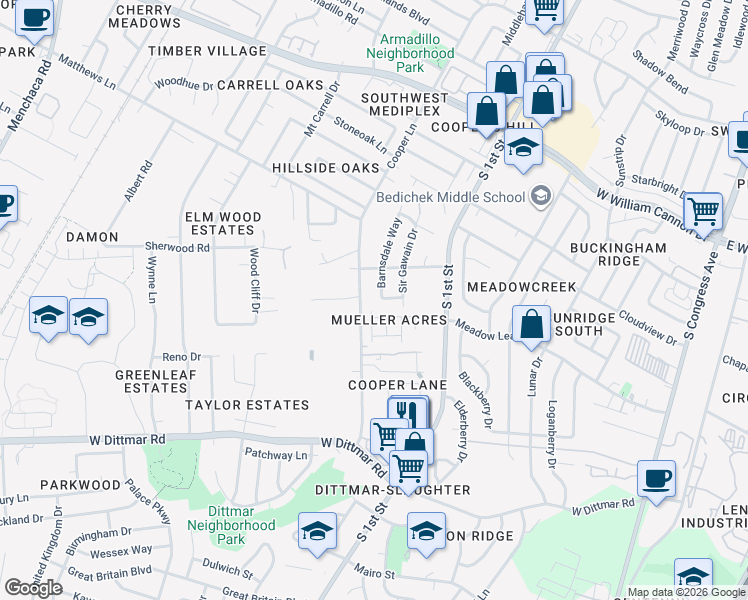 map of restaurants, bars, coffee shops, grocery stores, and more near 7403 Cooper Lane in Austin
