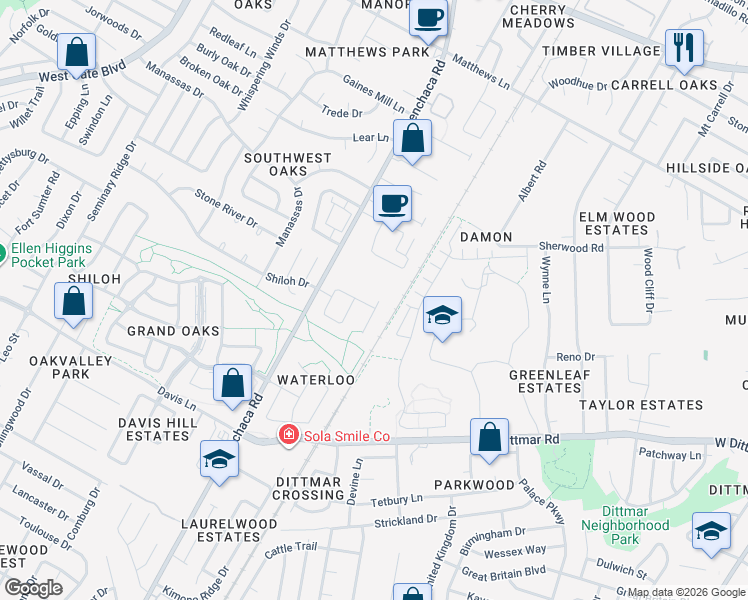 map of restaurants, bars, coffee shops, grocery stores, and more near 8014 Baxter Springs Road in Austin