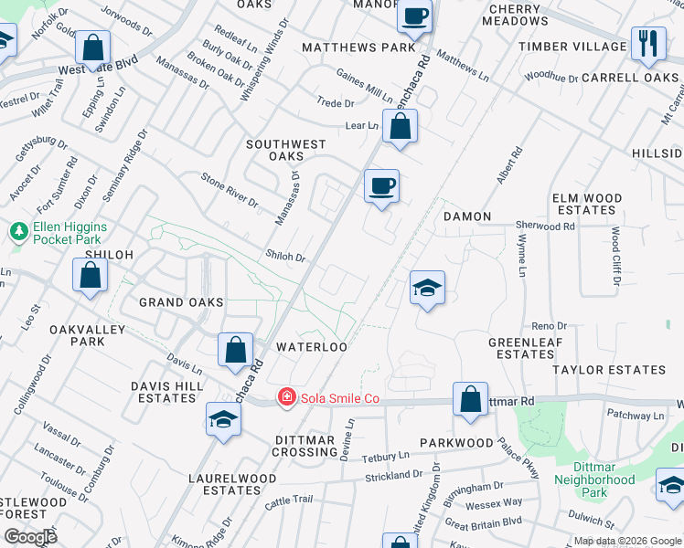 map of restaurants, bars, coffee shops, grocery stores, and more near 8012 Evadean Circle in Austin