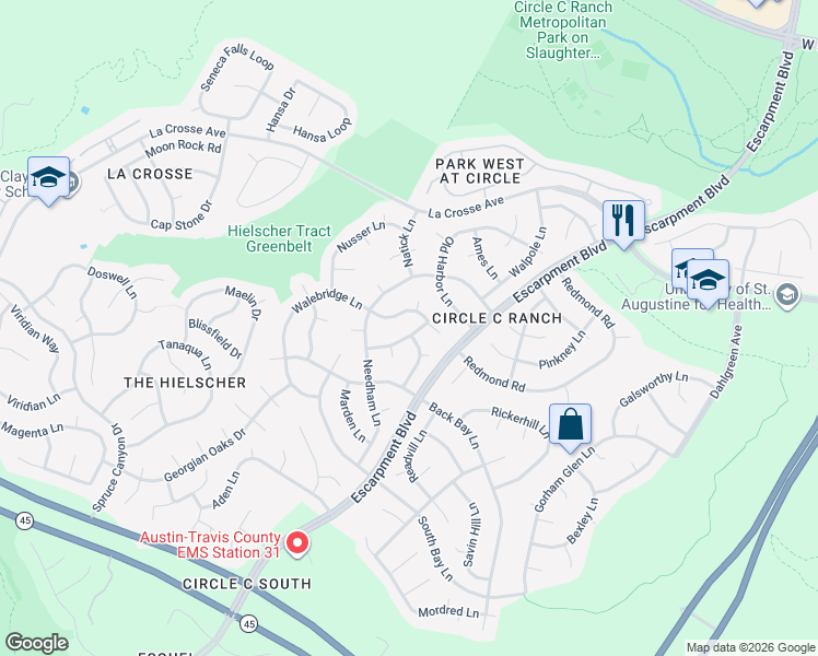 map of restaurants, bars, coffee shops, grocery stores, and more near 10801 Redgate Lane in Austin