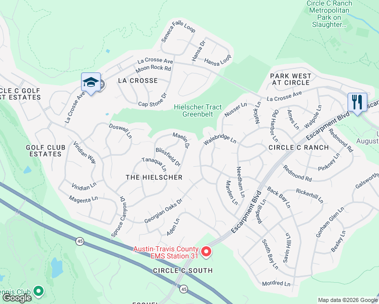 map of restaurants, bars, coffee shops, grocery stores, and more near 11101 Maelin Drive in Austin