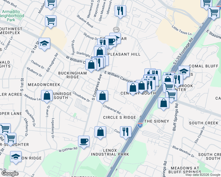 map of restaurants, bars, coffee shops, grocery stores, and more near 6801 Circle South Road in Austin