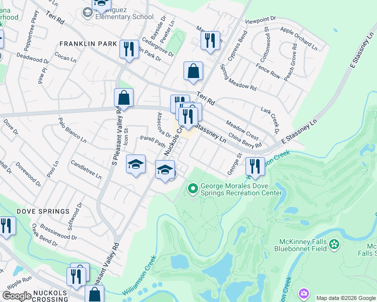 map of restaurants, bars, coffee shops, grocery stores, and more near 5415 Walnut Grove Drive in Austin