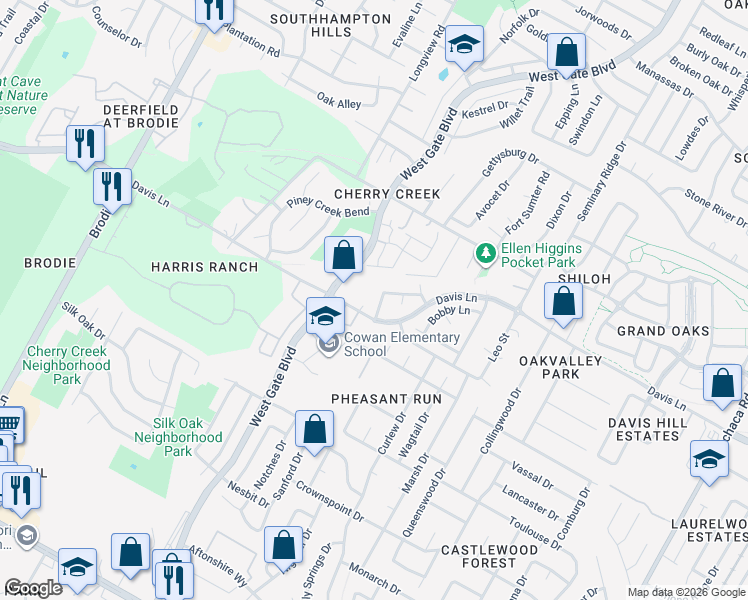 map of restaurants, bars, coffee shops, grocery stores, and more near 2918 Zeke Bend in Austin