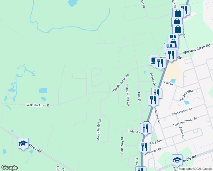 map of restaurants, bars, coffee shops, grocery stores, and more near 65 Savannah Forest Circle in Crawfordville