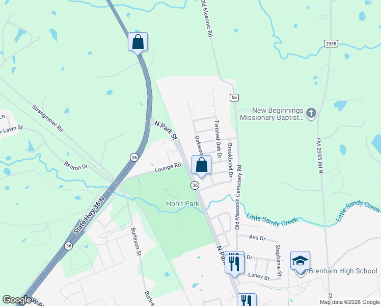 map of restaurants, bars, coffee shops, grocery stores, and more near 2607 Oakwood Drive in Brenham