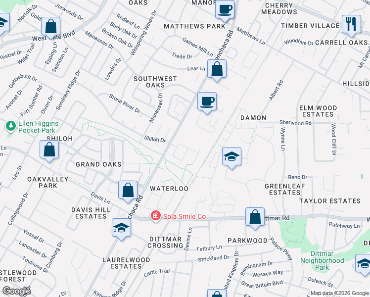 map of restaurants, bars, coffee shops, grocery stores, and more near 8012 Evadean Circle in Austin