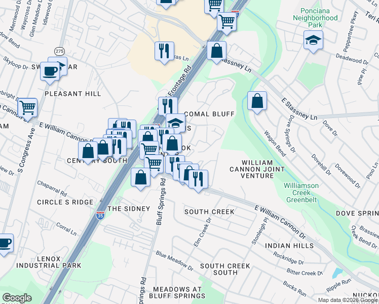 map of restaurants, bars, coffee shops, grocery stores, and more near 6503 Bluff Springs Road in Austin