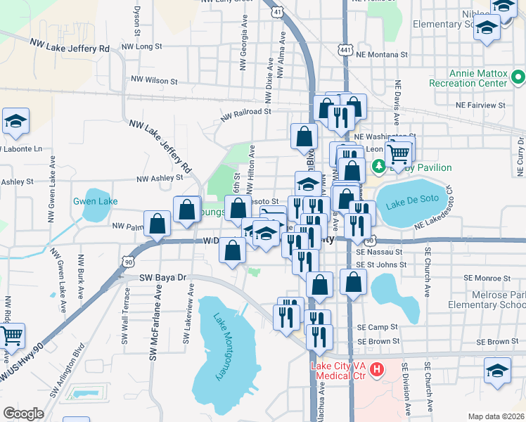map of restaurants, bars, coffee shops, grocery stores, and more near 426 Northwest Madison Street in Lake City