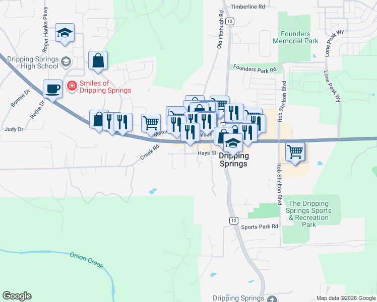 map of restaurants, bars, coffee shops, grocery stores, and more near 26465 Ranch Road 12 in Dripping Springs