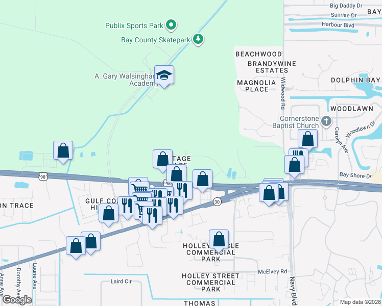 map of restaurants, bars, coffee shops, grocery stores, and more near 110 Heritage Circle in Panama City Beach