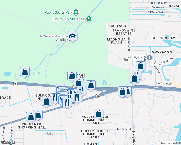 map of restaurants, bars, coffee shops, grocery stores, and more near 110 Heritage Circle in Panama City Beach