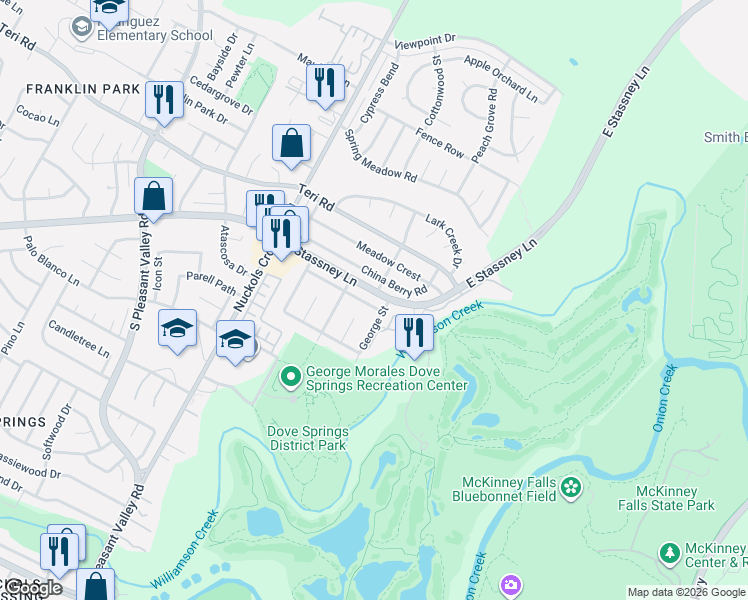 map of restaurants, bars, coffee shops, grocery stores, and more near 5745 East Stassney Lane in Austin