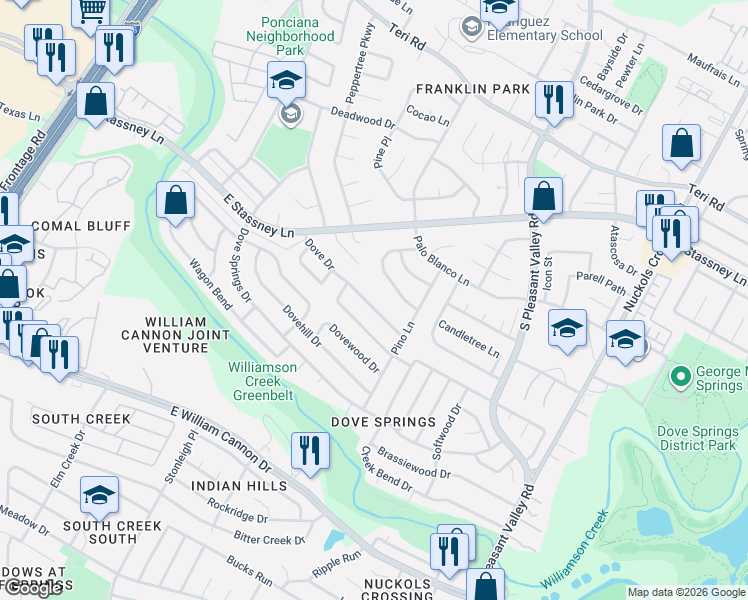 map of restaurants, bars, coffee shops, grocery stores, and more near 2517 Dove Drive in Austin