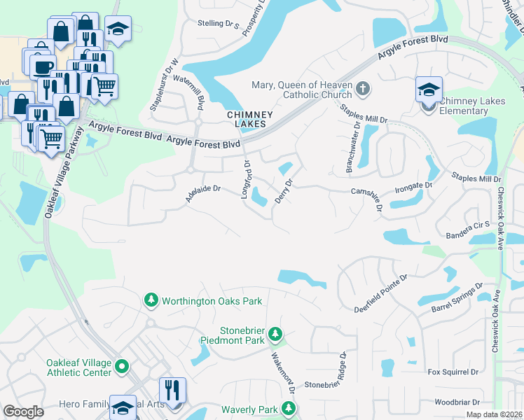 map of restaurants, bars, coffee shops, grocery stores, and more near 8642 Longford Drive in Jacksonville