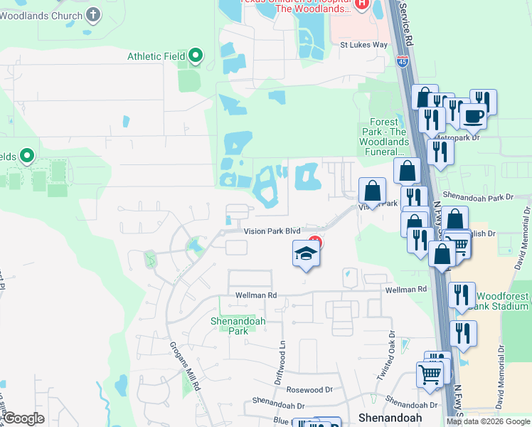 map of restaurants, bars, coffee shops, grocery stores, and more near 18242 Atkinson Lane in Conroe