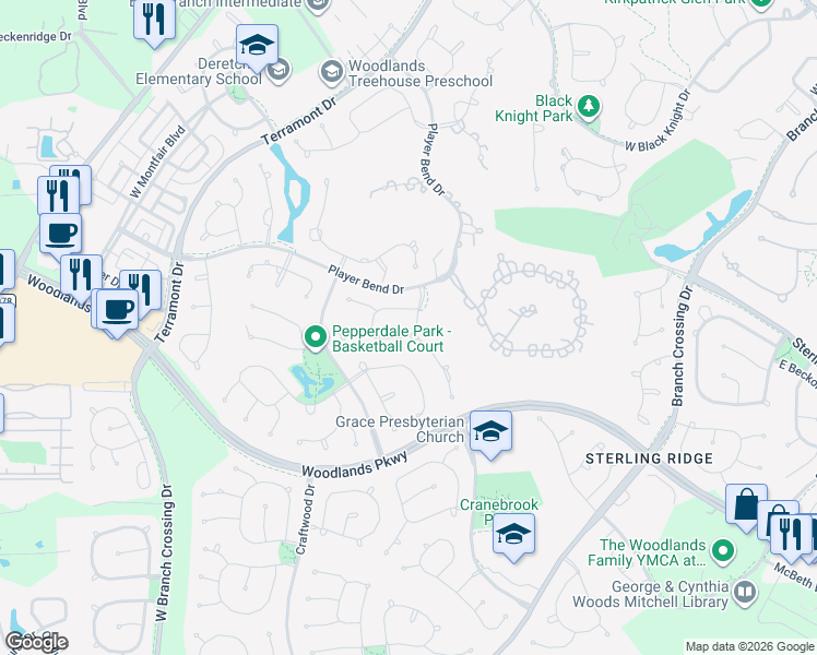 map of restaurants, bars, coffee shops, grocery stores, and more near 27 South Knightsgate Circle in Spring