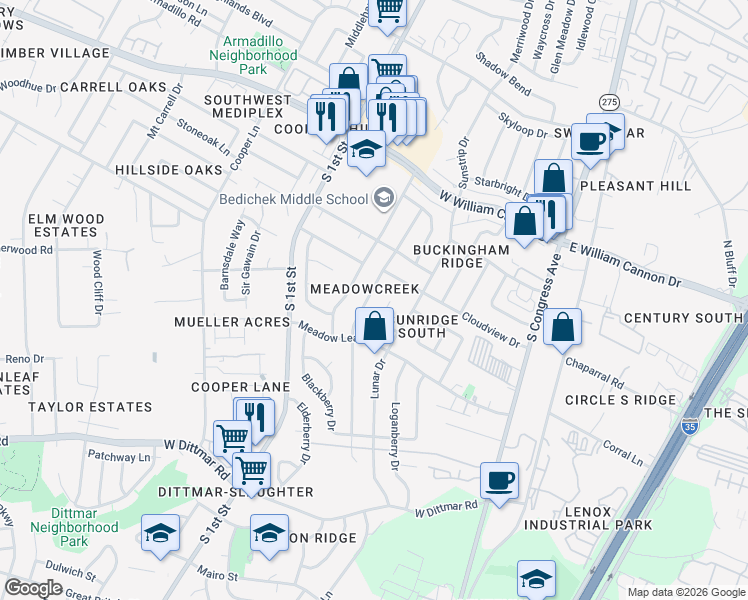 map of restaurants, bars, coffee shops, grocery stores, and more near 7108 Tawny Circle in Austin
