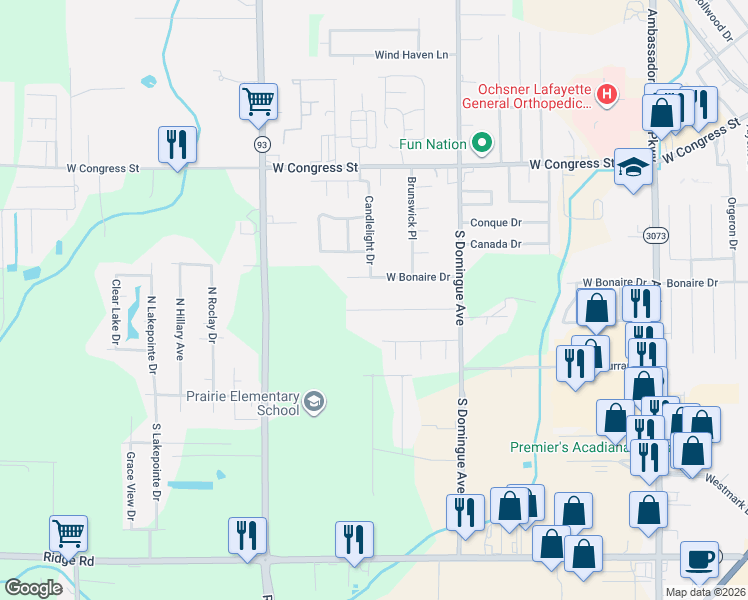 map of restaurants, bars, coffee shops, grocery stores, and more near 131 Demas Drive in Lafayette