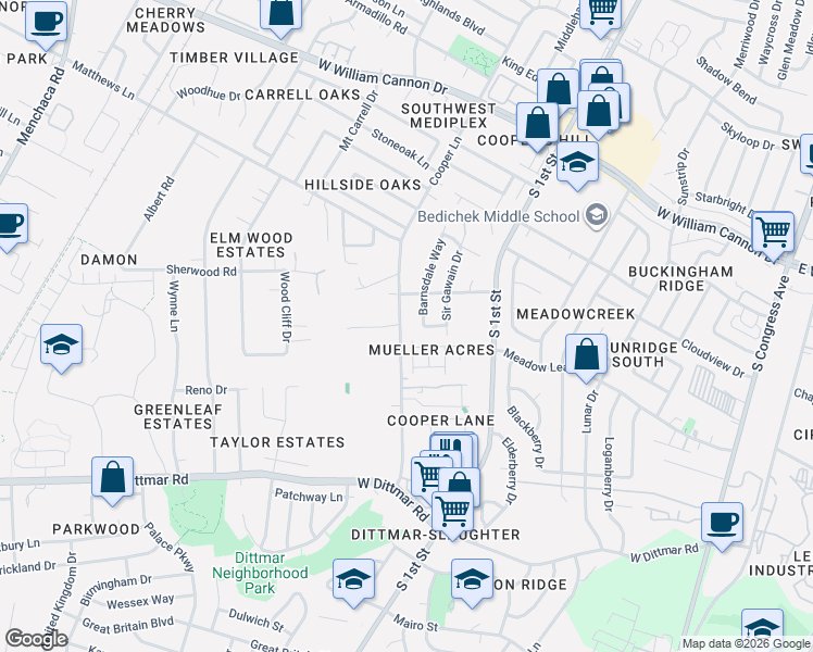 map of restaurants, bars, coffee shops, grocery stores, and more near 7403 Cooper Lane in Austin