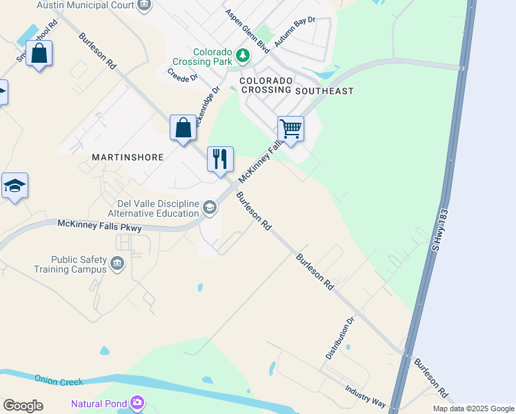 map of restaurants, bars, coffee shops, grocery stores, and more near 7708 Burleson Road in Austin
