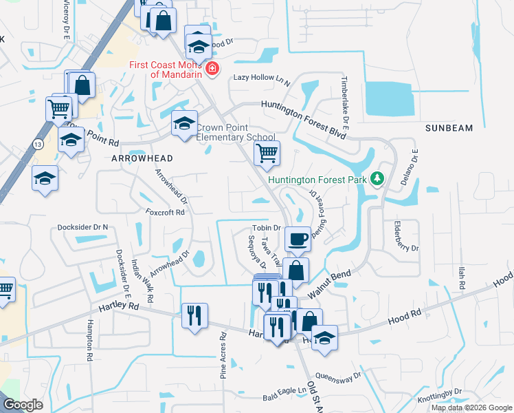 map of restaurants, bars, coffee shops, grocery stores, and more near 3938 Pine Breeze Road South in Jacksonville