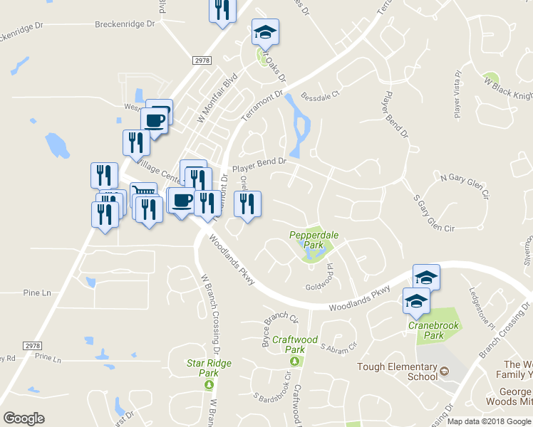 map of restaurants, bars, coffee shops, grocery stores, and more near 39 Strawberry Canyon Place in Spring