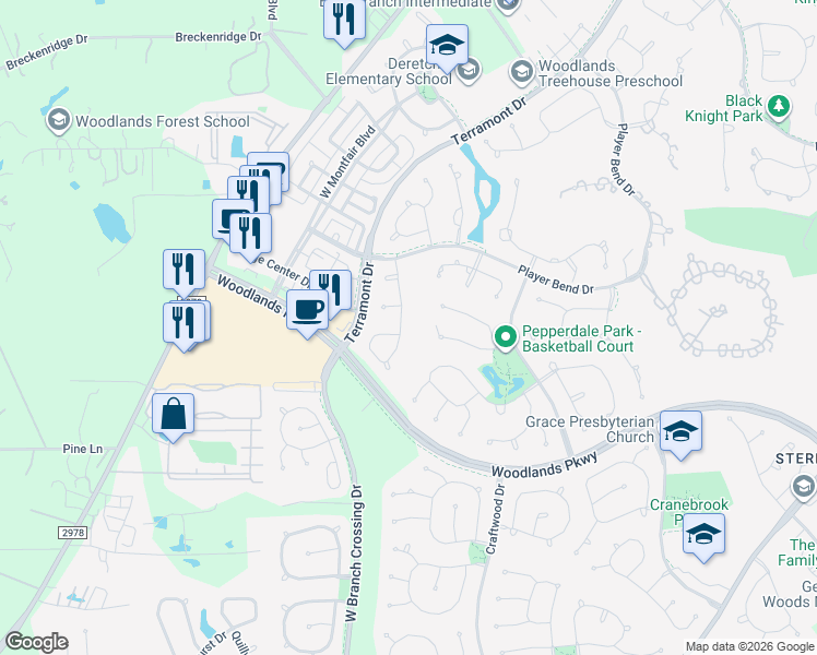 map of restaurants, bars, coffee shops, grocery stores, and more near 39 Strawberry Canyon Place in Spring