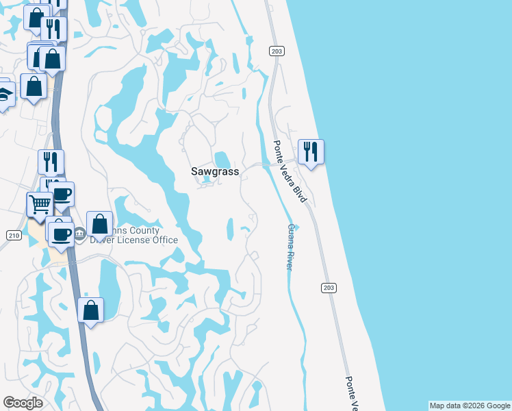 map of restaurants, bars, coffee shops, grocery stores, and more near 9893 Sawgrass Drive East in Ponte Vedra Beach