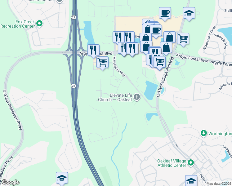 map of restaurants, bars, coffee shops, grocery stores, and more near Cherry Ridge Drive in Jacksonville