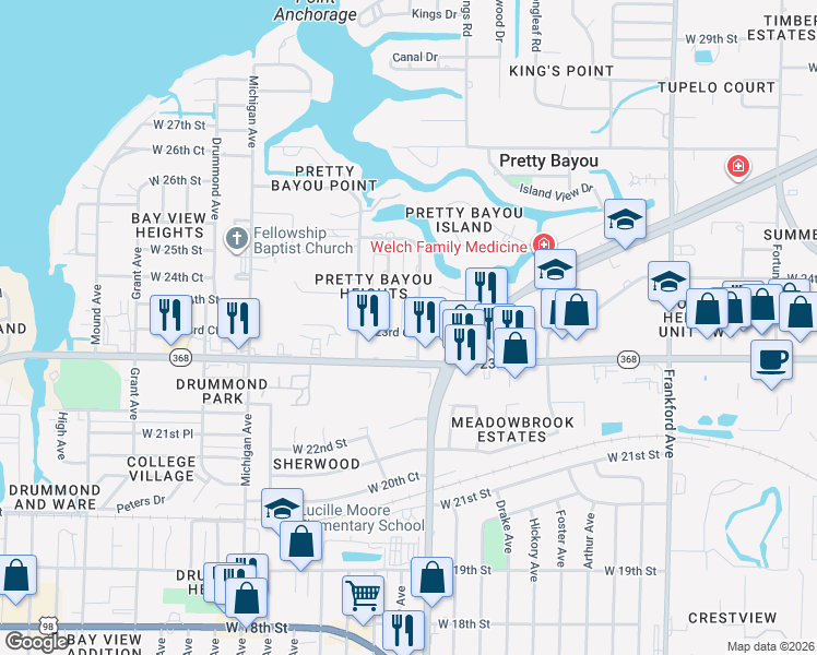 map of restaurants, bars, coffee shops, grocery stores, and more near 23RD Cody Lane in Panama City