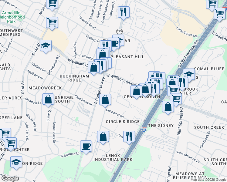 map of restaurants, bars, coffee shops, grocery stores, and more near 6801 Circle South Road in Austin