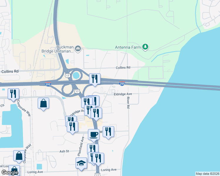 map of restaurants, bars, coffee shops, grocery stores, and more near 4256 Eldridge Loop in Orange Park