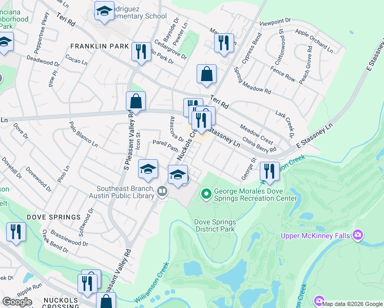 map of restaurants, bars, coffee shops, grocery stores, and more near 5901 Juniper Junction Lane in Austin