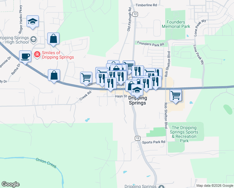 map of restaurants, bars, coffee shops, grocery stores, and more near 203 U.S. 290 in Dripping Springs