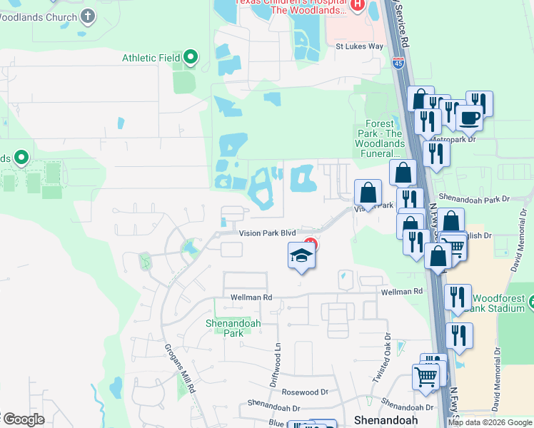 map of restaurants, bars, coffee shops, grocery stores, and more near 18242 Atkinson Lane in Conroe
